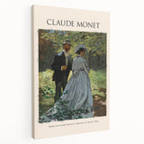 Side view of a stretched canvas featuring Claude Monet's impressionist water lilies in soft blue and green tones.