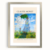 Textured abstract art print of a Claude Monet-inspired landscape in soft blue and green tones on a framed silver mat.