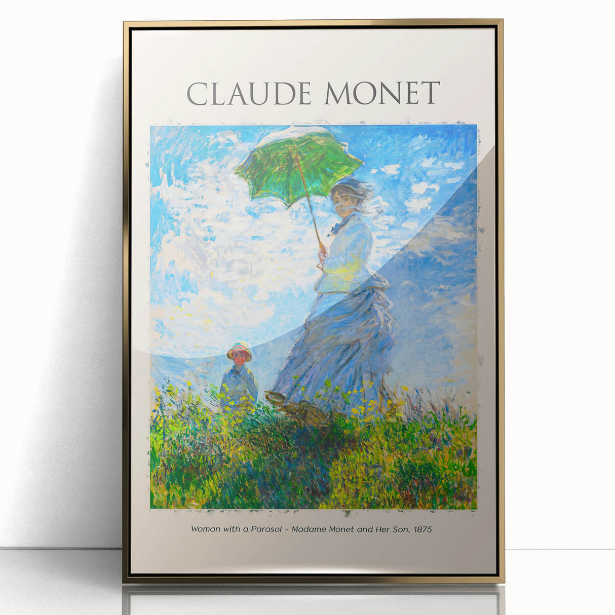 Large art print of Claude Monet's impressionist painting in a gold frame, featuring soft pastel hues.