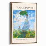 Framed canvas of Claude Monet's landscape painting featuring soft green and blue tones, suitable as wall art for bedroom.