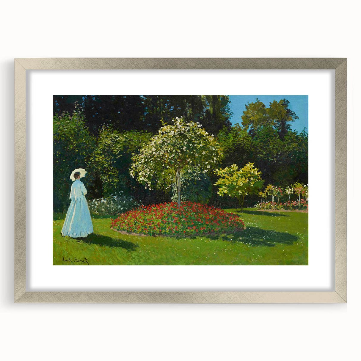 Textured abstract art print of a Claude Monet-inspired landscape in soft pastel shades on a silver-framed mat.