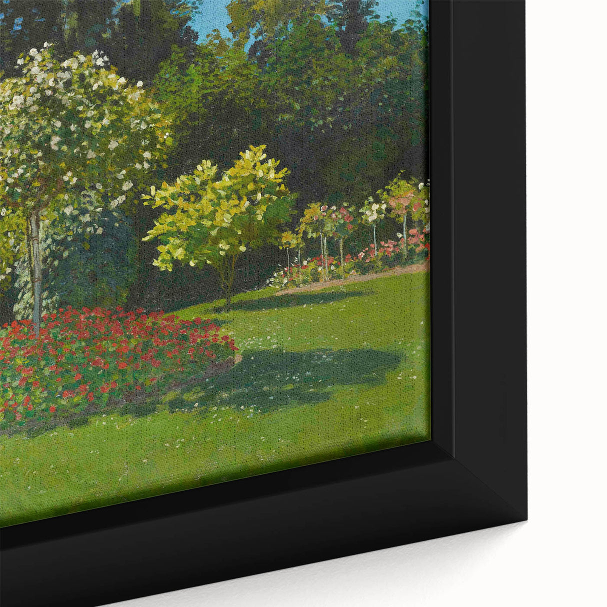 Extra large framed canvas featuring a textured depiction of colorful flowers on a black background.