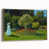 Framed canvas featuring a Claude Monet landscape painting in muted greens and blues, ideal for bedroom wall art.
