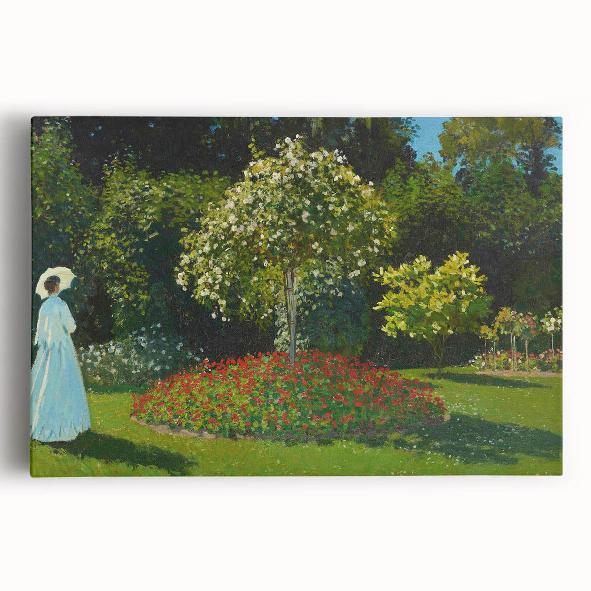 Large black and white Claude Monet print on stretched canvas, featuring a serene garden scene, ideal for kitchen wall art.