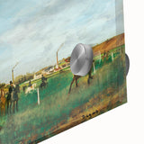 Large acrylic glass print of abstract figures in soft green and blue tones.