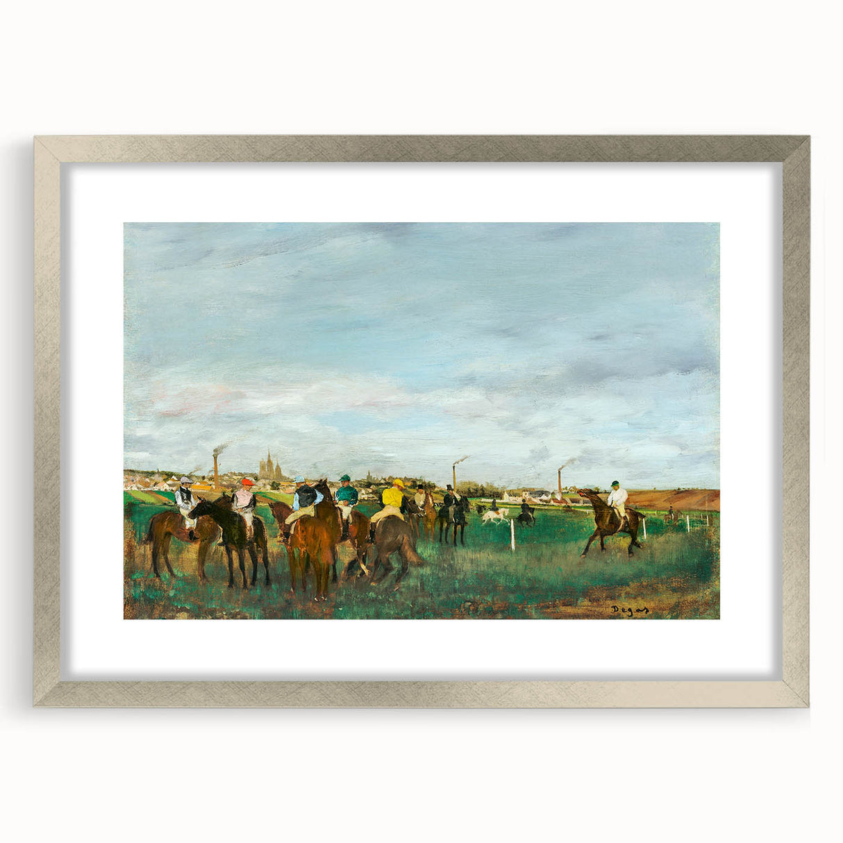 Textured abstract art print of dancers, using soft pastel shades, displayed in a silver frame, suitable for bedroom decor.