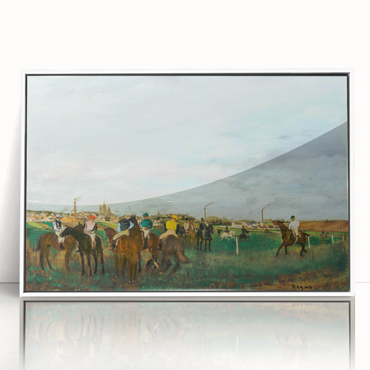 Art deco poster of Edgar Degas' dancers, in muted pastel tones on white framed acrylic, suitable for nursery wall art.
