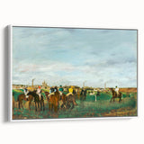 Vintage poster art of Edgar Degas' dancers in pastel shades on a large framed canvas, ideal for living room decor.