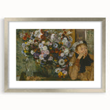 Textured art print of abstract figures in muted earth tones on a silver framed canvas, ideal for bedroom decor.