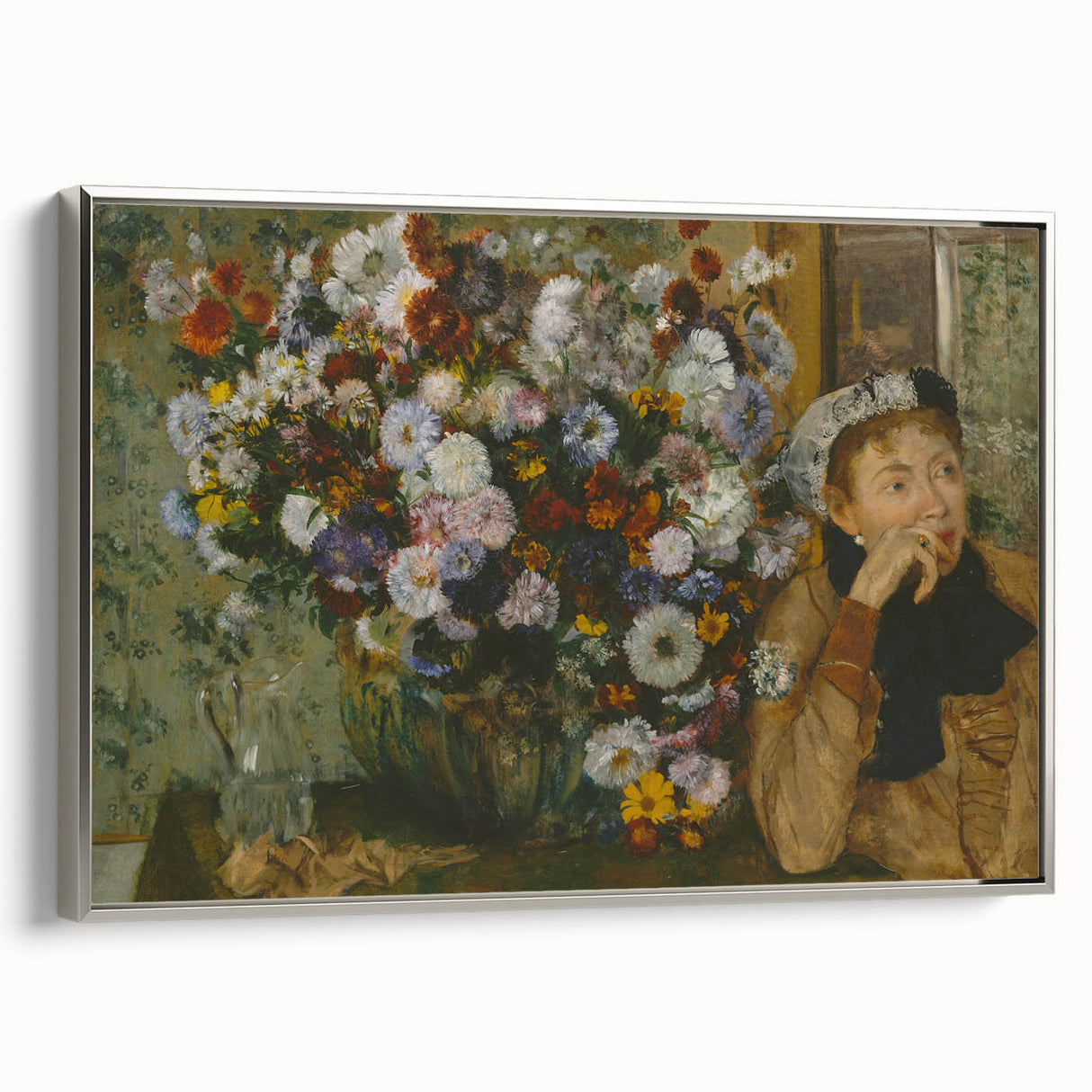 Landscape painting featuring colorful art on a framed canvas, with vintage poster elements and a primary black background.