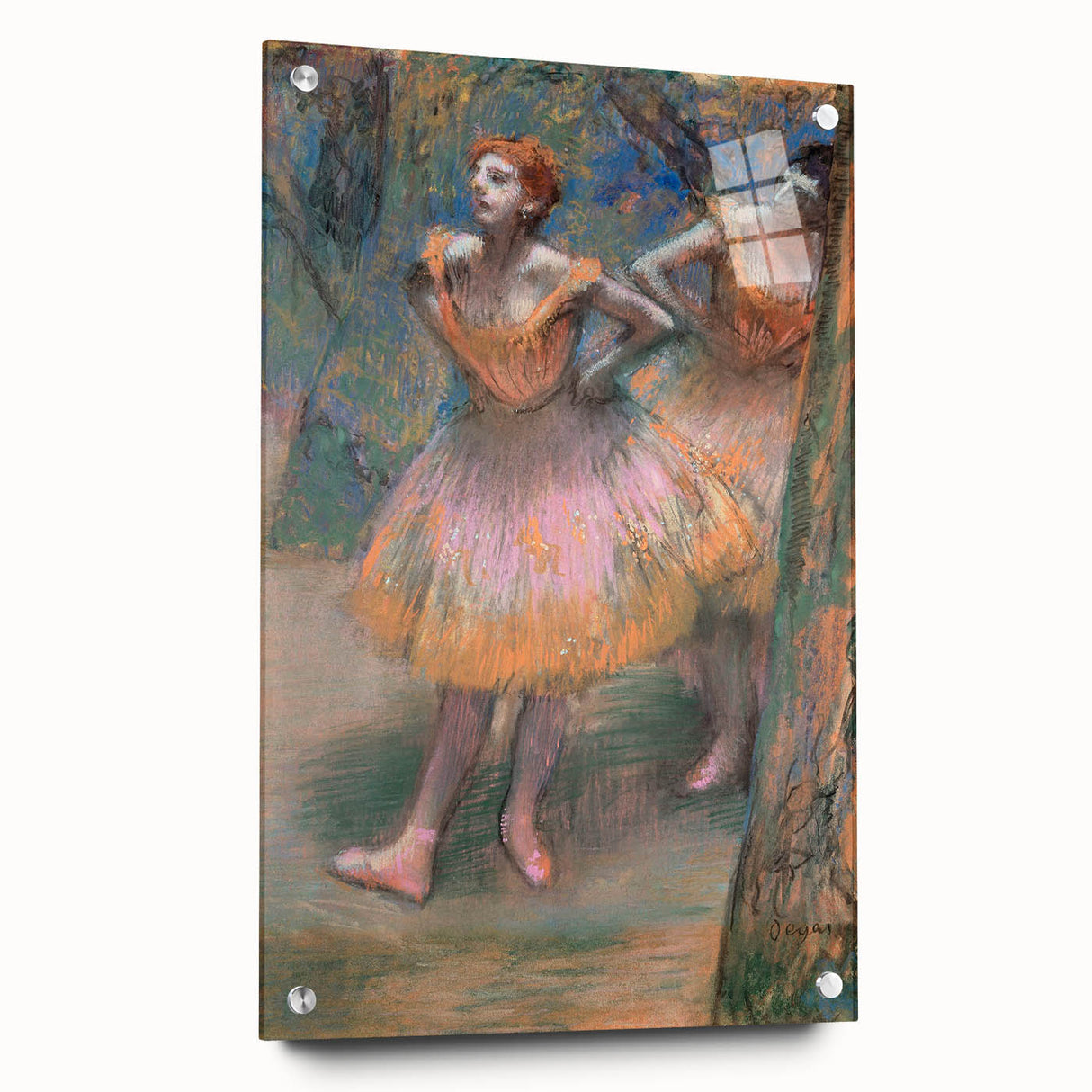 Side view of an Edgar Degas-inspired acrylic print featuring dancers, in muted pastel tones.