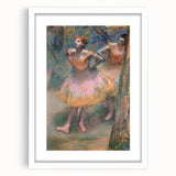 Abstract art print of dancers, using soft pastel shades on a white framed canvas, ideal for bedroom or dining room decor.