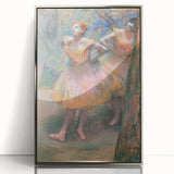 Mid-century modernist art of ballerinas in muted pastel colors on a framed acrylic, ideal for nursery wall art.