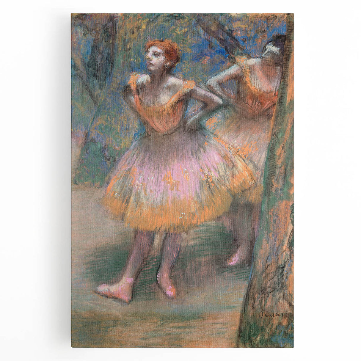 Black and white print of Edgar Degas' dancers on stretched canvas, suitable for kitchen wall art.