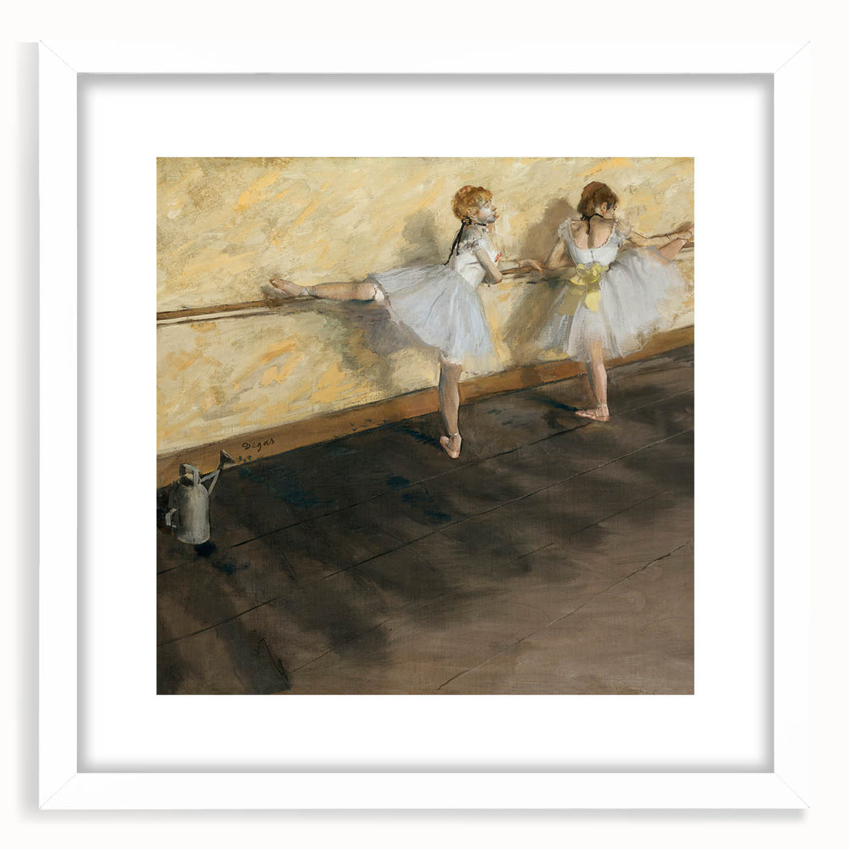 Abstract art print of Edgar Degas design in white frame with mat, featuring muted pastel shades, ideal for dining room decor.