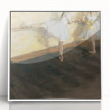 Art deco poster featuring a ballet dancer, rendered in soft pastel shades, framed in white acrylic.