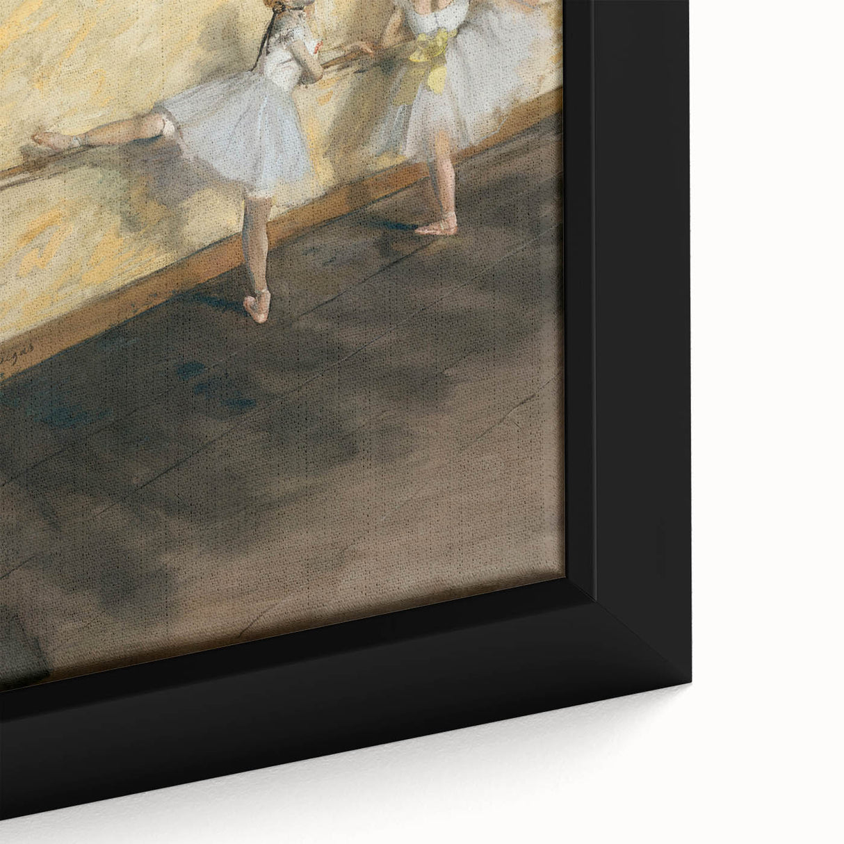 Close-up of a textured Edgar Degas-inspired black wall art on framed canvas featuring colorful, impressionistic dancers.