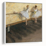 Vintage poster art of a ballet scene, rendered in muted pastel colors on a large framed canvas, ideal for living room decor.