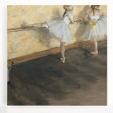 Black and white print of Edgar Degas' dancers on stretched canvas, suited for kitchen wall art.