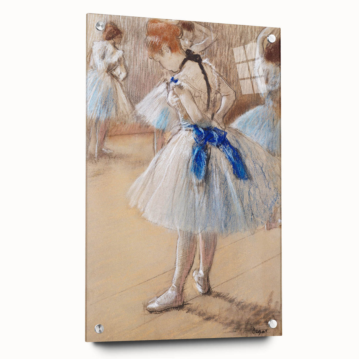 Acrylic print of an Edgar Degas-inspired abstract scene in cool blue and green hues.