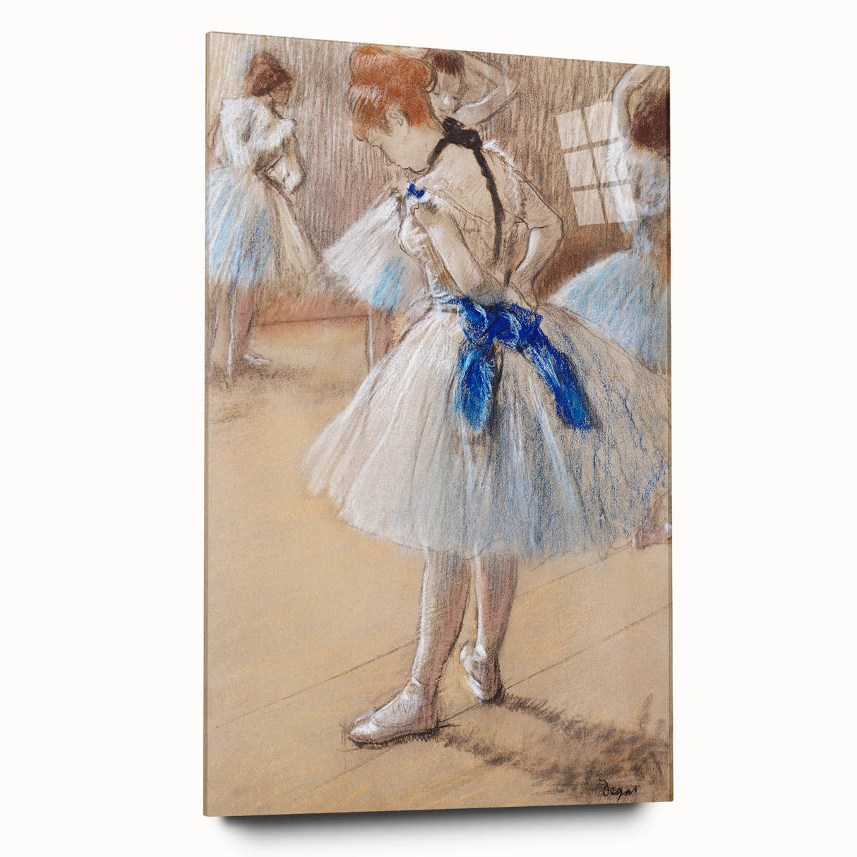 Side view of an Edgar Degas inspired large abstract acrylic print in soft pastel shades.