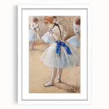Abstract art print of Edgar Degas' dancers in muted pastel shades, framed with a white mat.
