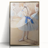 Large art print of Edgar Degas' dancers in soft pastel shades on acrylic, framed in gold.