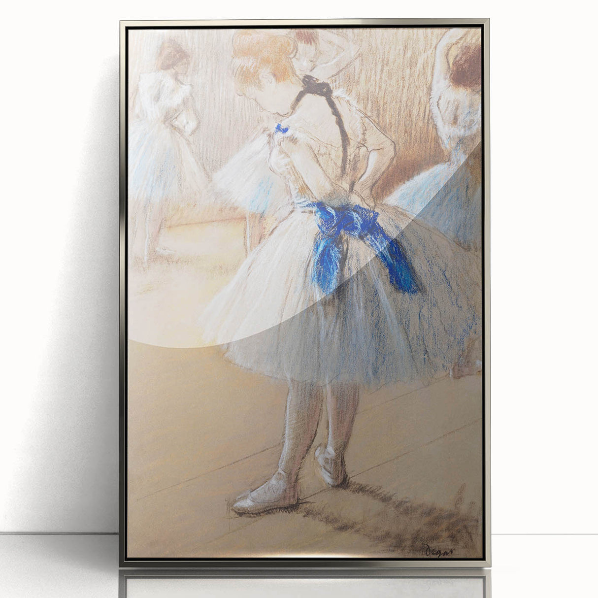 Mid-century modernist art featuring Edgar Degas' ballet dancers in muted pastel tones, silver-framed acrylic.