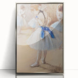 Mid-century modernist art featuring Edgar Degas' ballet dancers in muted pastel tones, silver-framed acrylic.