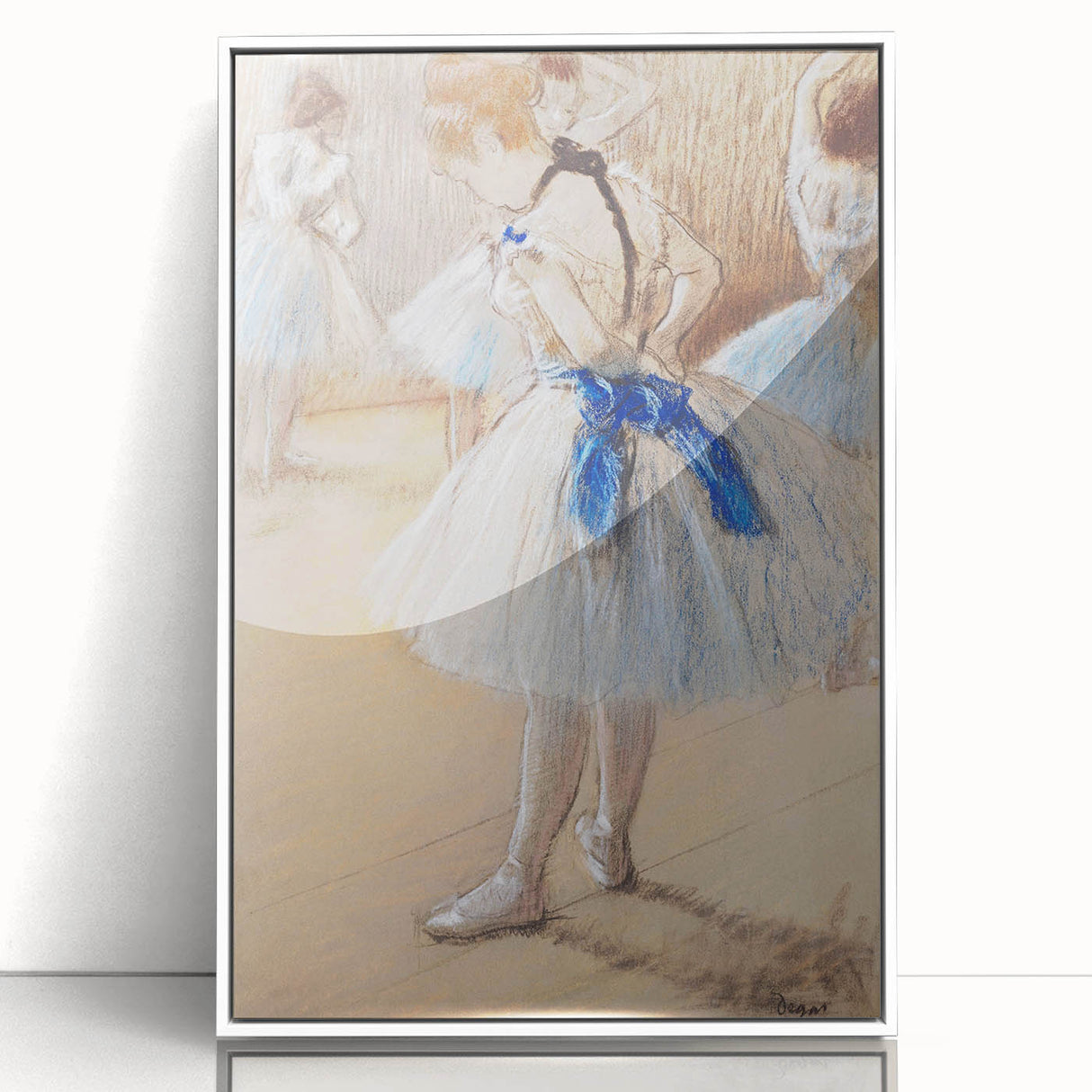 Acrylic print of Edgar Degas' artwork featuring ballet dancers, in muted pastel shades, framed in white.