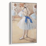 Vintage poster art of a ballet scene, featuring soft pastel shades on a large framed canvas, ideal for living room decor.