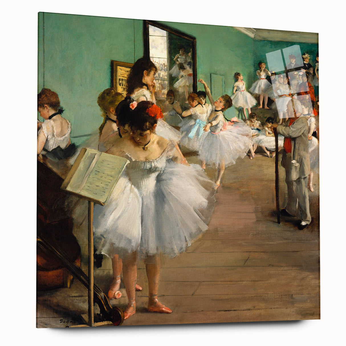 Side view of an Edgar Degas-inspired large acrylic print featuring abstract figures in soft pastel shades.