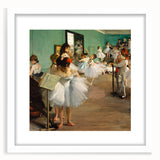 Abstract art print of Edgar Degas' dancers in pastel shades, framed with a white mat, ideal for bedroom or dining room decor.