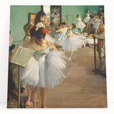 Black and white Edgar Degas ballet dancers print on stretched canvas, ideal for kitchen wall art or bedroom ambiance.
