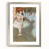 Textured abstract art print of dancers in muted pastels on a silver-framed canvas, ideal for bedroom art decor.