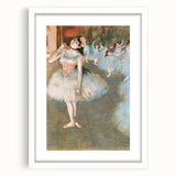 Abstract art print of dancers in soft pastel shades on a white framed canvas, suitable for bedroom or dining room decor.