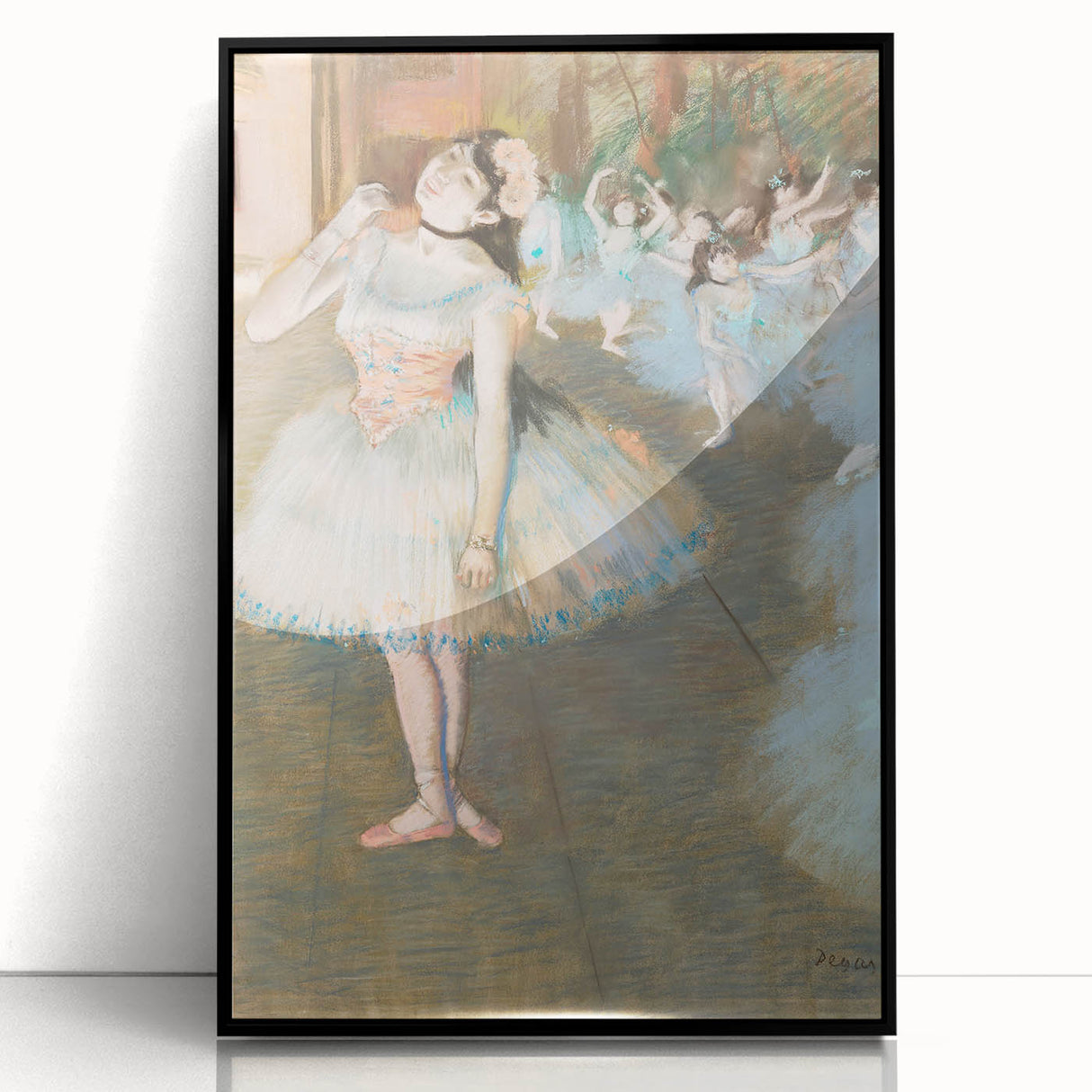 Large abstract wall art depicting an Edgar Degas-inspired dance scene in muted earth tones on a framed acrylic.