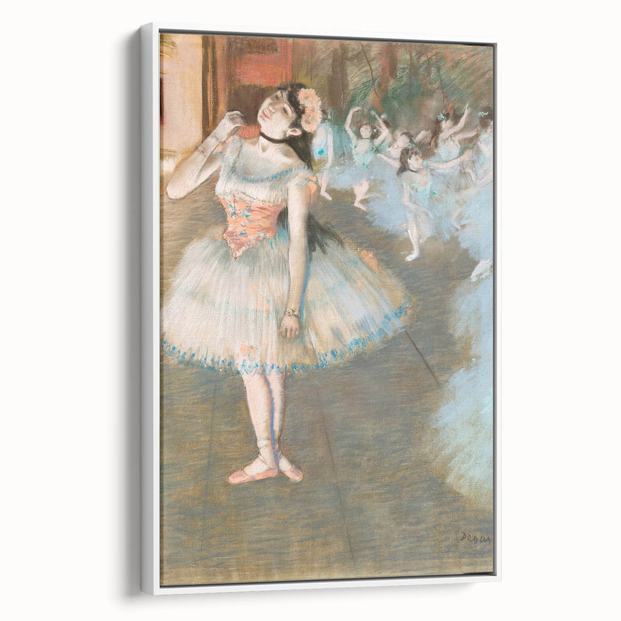 Vintage poster art of Edgar Degas' dancers in pastel shades on a large framed canvas, suited for living room decor.