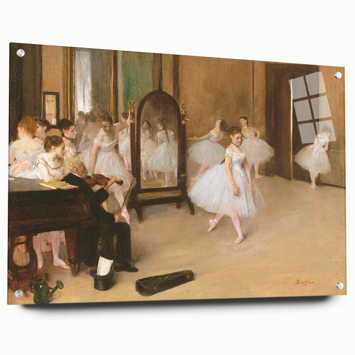Side view of an Edgar Degas-inspired acrylic glass artwork featuring soft pastel tones.