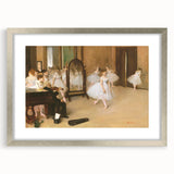 Textured abstract art print of dancers, using soft gray and blue tones, displayed in a silver frame with mat.