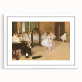 Abstract art print of dancers in motion, featuring soft pastel hues on a white framed canvas.