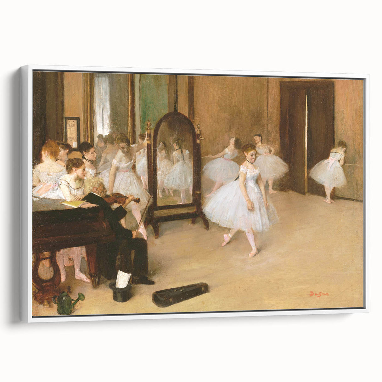 Vintage poster art of Edgar Degas' ballet dancers, featuring muted pastel colors on a framed canvas.