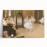 Black and white print of Edgar Degas' ballet dancers on stretched canvas, ideal for kitchen wall art or bedroom decor.