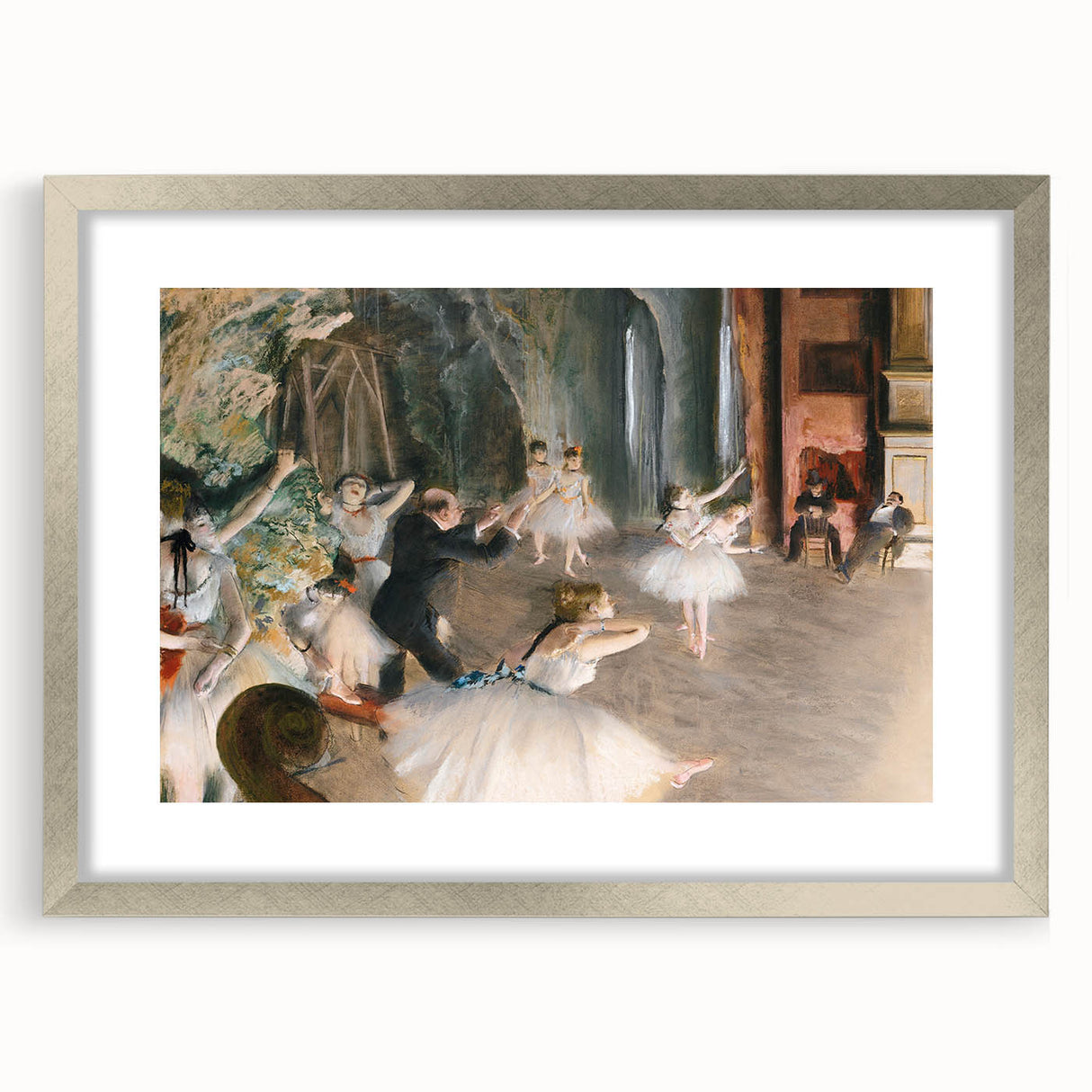 Textured art print of abstract figures in soft pastel shades, framed in silver, ideal for bedroom ambiance.