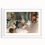 Abstract art print of Edgar Degas' dancers in muted pastel shades on a white framed canvas.