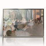 Mid-century modernist art depicting dancers, in muted pastel tones, on a framed acrylic, ideal for nursery wall art.