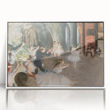 Acrylic print of Edgar Degas's ballet dancers, soft pastel shades, framed in white, suitable for nursery wall art.
