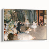 Vintage poster art of a ballet scene by Edgar Degas, in muted colors on a large framed canvas, ideal for living room decor.