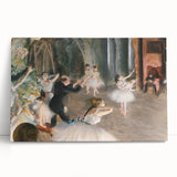 Black and white print of Edgar Degas' ballet dancers on a large stretched canvas.