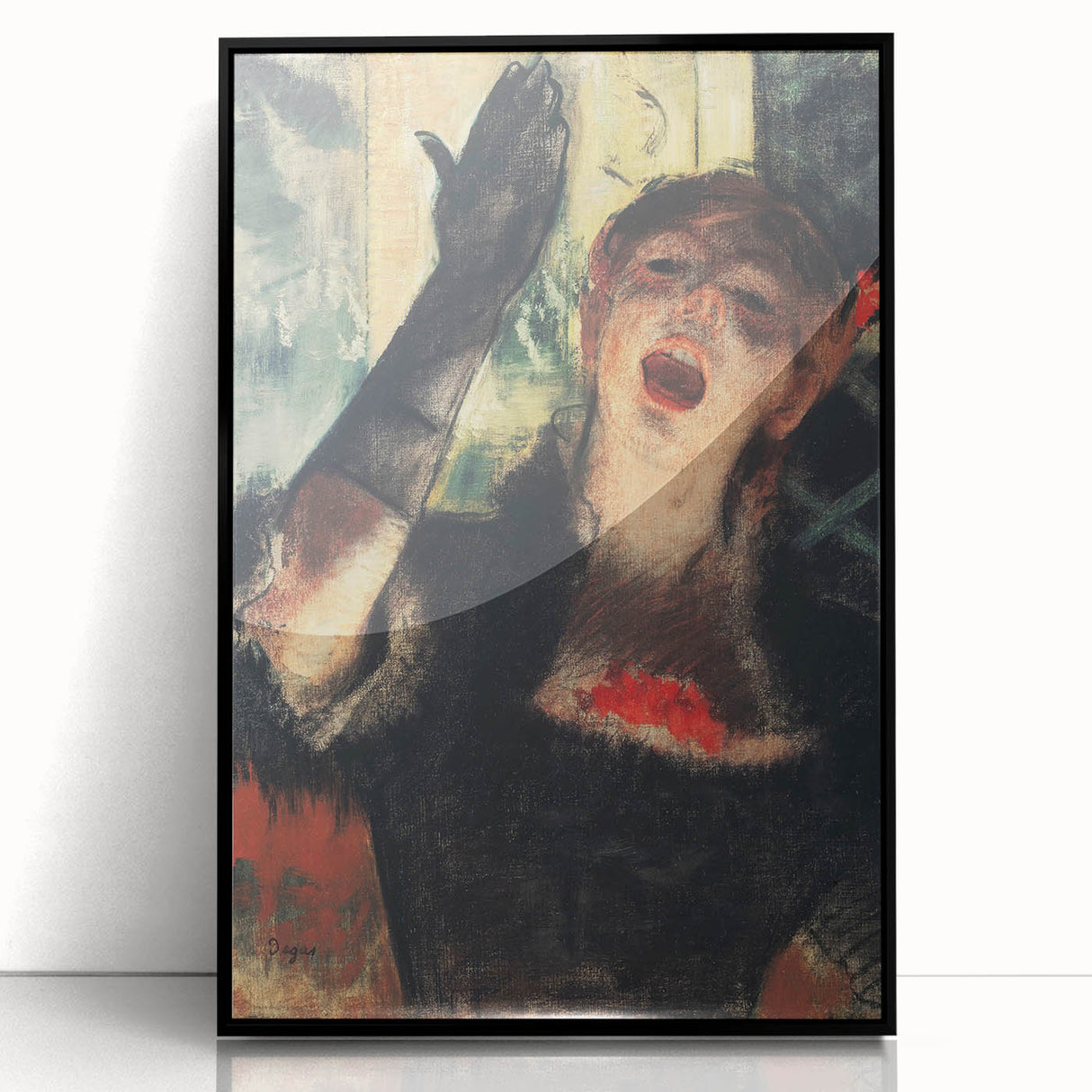 Large abstract wall art depicting a mid-century modernist scene in muted earth tones, acrylic print framed in black.